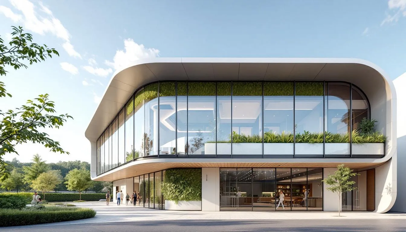 The image depicts a modern architectural building characterized by its innovative design and sustainable features, reflecting the principles of architectural practice and project development. This structure exemplifies the standards set by the national architectural accrediting board (NAAB) for licensed architects, showcasing the importance of education and professional experience in architecture.