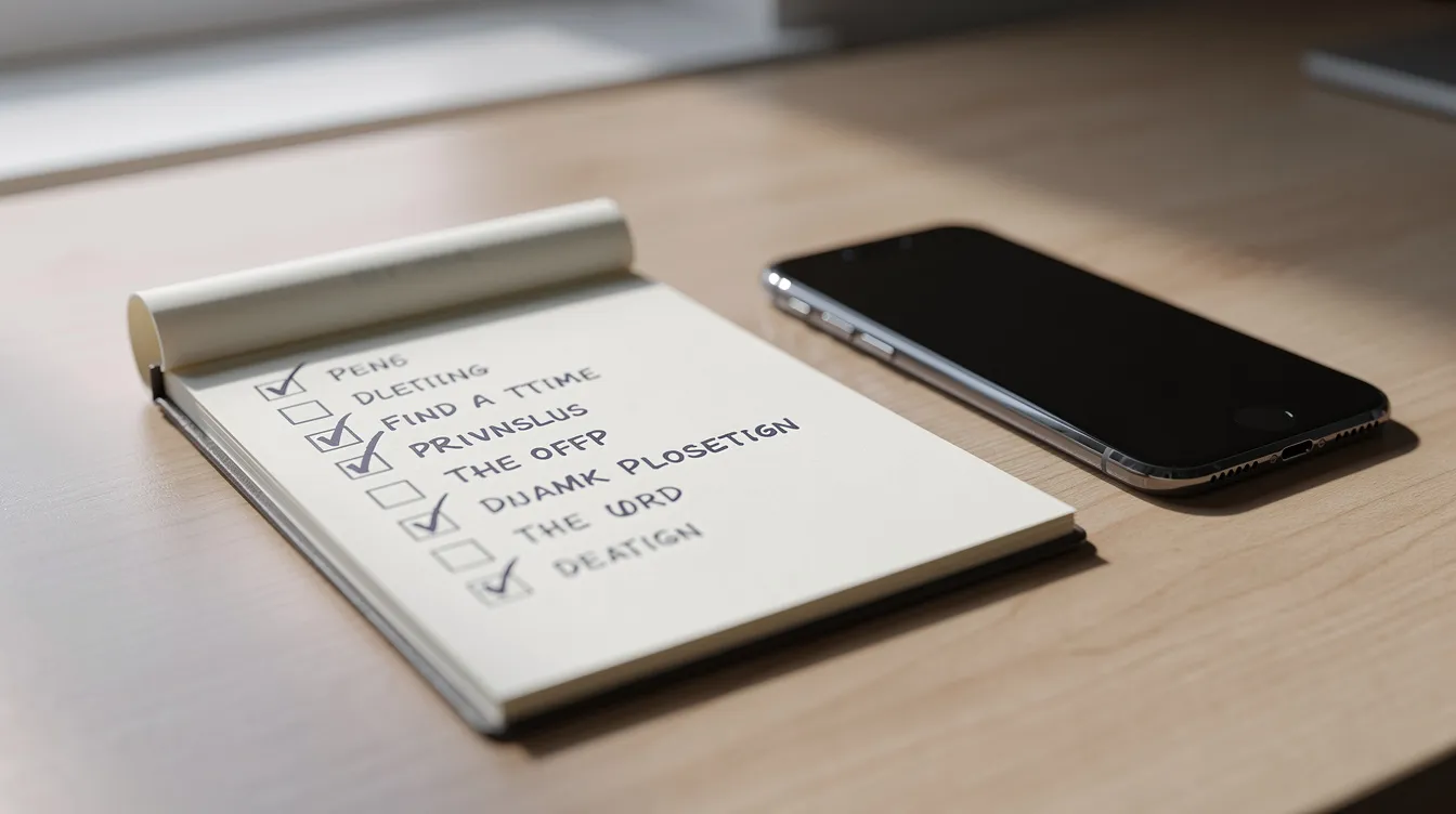 The image shows a notepad with a handwritten checklist next to a smartphone, suggesting a focus on property details and seller motivation for real estate investors. This setup indicates preparation for cold calling motivated sellers, possibly to discuss lucrative deals and lead generation strategies.