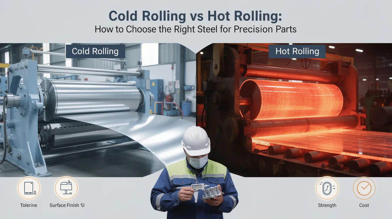 The image illustrates the comparison between cold rolled steel and hot rolled steel, highlighting their differences in surface finish and dimensional tolerances. Cold rolled steel is shown with a smooth surface and tighter dimensional accuracy, while hot rolled steel displays a rougher surface and is processed at very high temperatures.