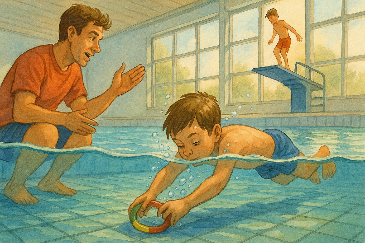 Kind beim Schwimmen in Höhen und Tiefen Becken, das sich auf ca 2 m tieftauchen vorbereitet.