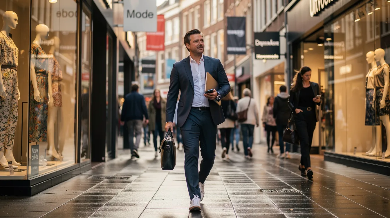 Een ondernemer wandelt door een drukke winkelstraat vol modewinkels, waar verschillende merken en stijlvolle etalages te zien zijn. De sfeer is levendig en er zijn veel mensen die winkelen, wat de dynamiek van de mode-industrie weerspiegelt.