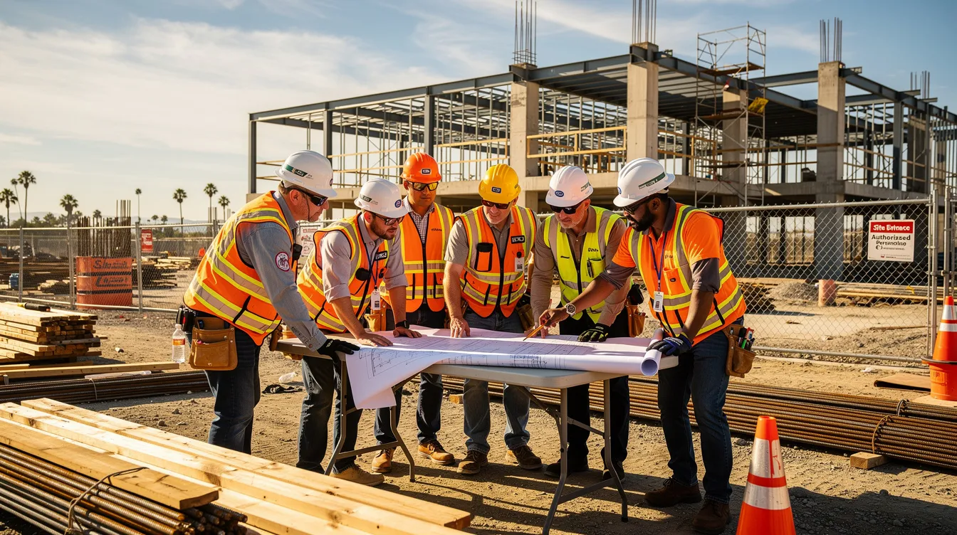 The image shows construction workers at a commercial building site in Southern California, gathered around a table as they review project documents related to private construction projects. They are discussing key provisions of construction contracts, ensuring compliance with California law, and planning for the project's progress payment schedule.