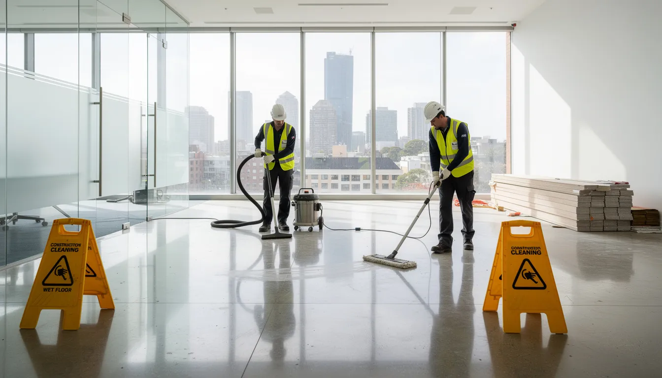The image depicts a team of professional cleaners performing a thorough post construction cleaning at a building site in Sydney. They are using industrial strength vacuum cleaners and other tools to remove construction dust and leftover debris from surfaces, ensuring a dust-free property for the renovation project.