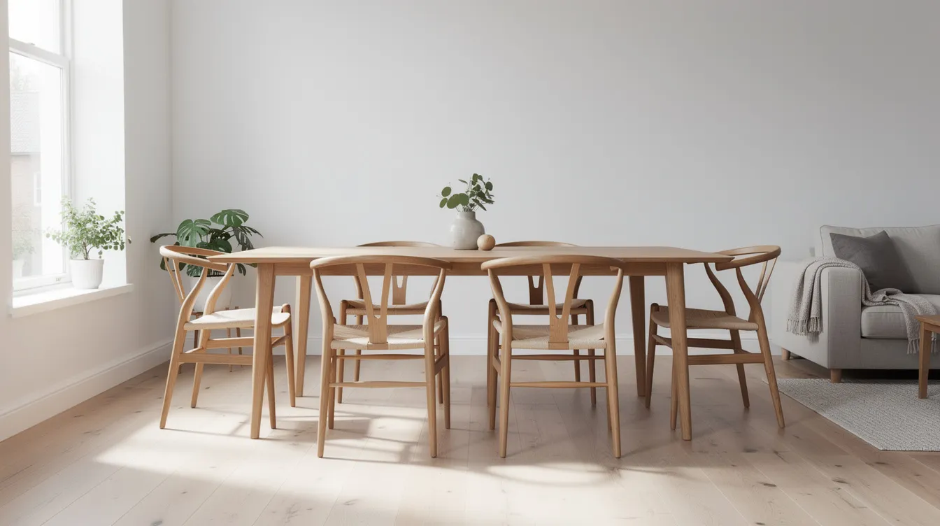 I bilden syns klassiska danska designstolar i ett ljust skandinaviskt rum, där ett träbord står i centrum. Stolarna, inspirerade av formgivare som Arne Jacobsen och Verner Panton, bidrar med en modern och funktionell stil till rummet, som badar i naturligt ljus.