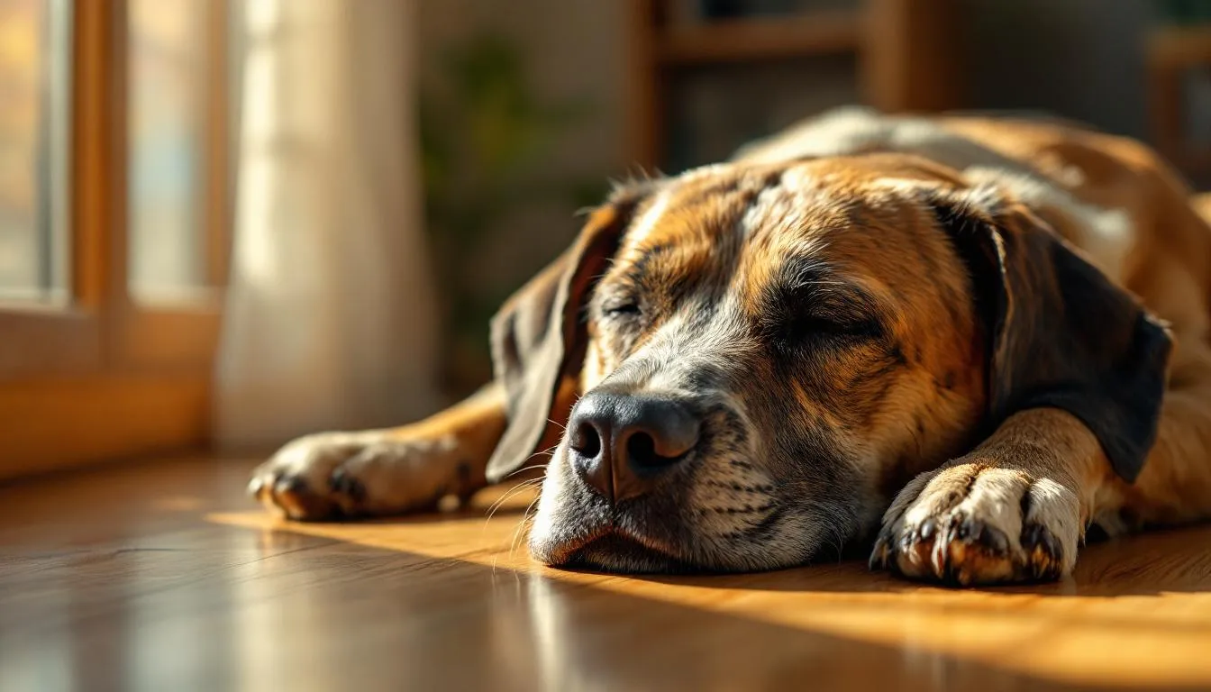 An elderly dog is peacefully sleeping in a sunny spot, showcasing its natural circadian rhythm behavior. This serene moment highlights how dogs perceive time through their internal biological clock, allowing them to recognize daily routines and anticipate events like meal times.