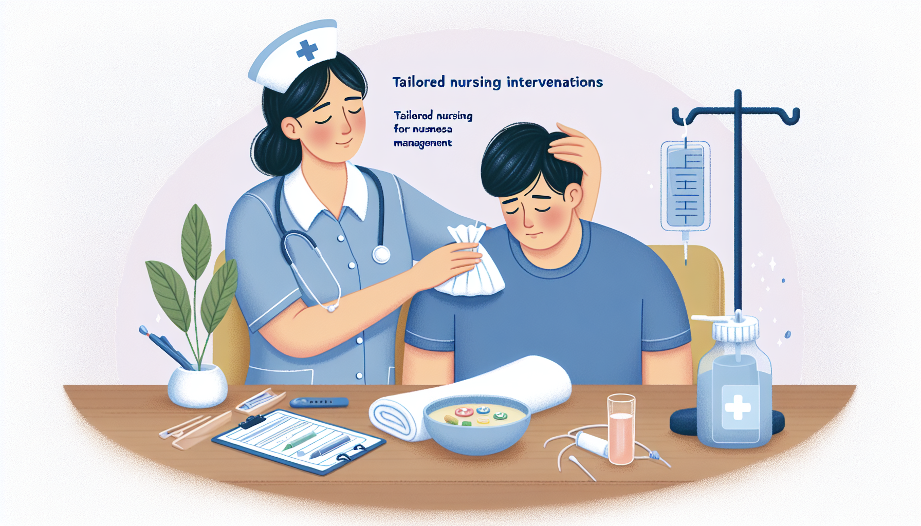Illustration of a nurse providing personalized care to a patient experiencing nausea