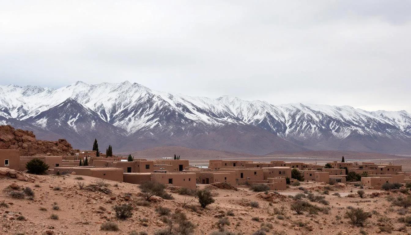 The image depicts the snow-covered Atlas Mountains, showcasing their majestic snowy peaks, with a traditional Berber village nestled in the foreground. The scene captures the beauty of winter in Morocco, highlighting the heavy snowfall that blankets the mountainous region, creating a picturesque winter landscape.