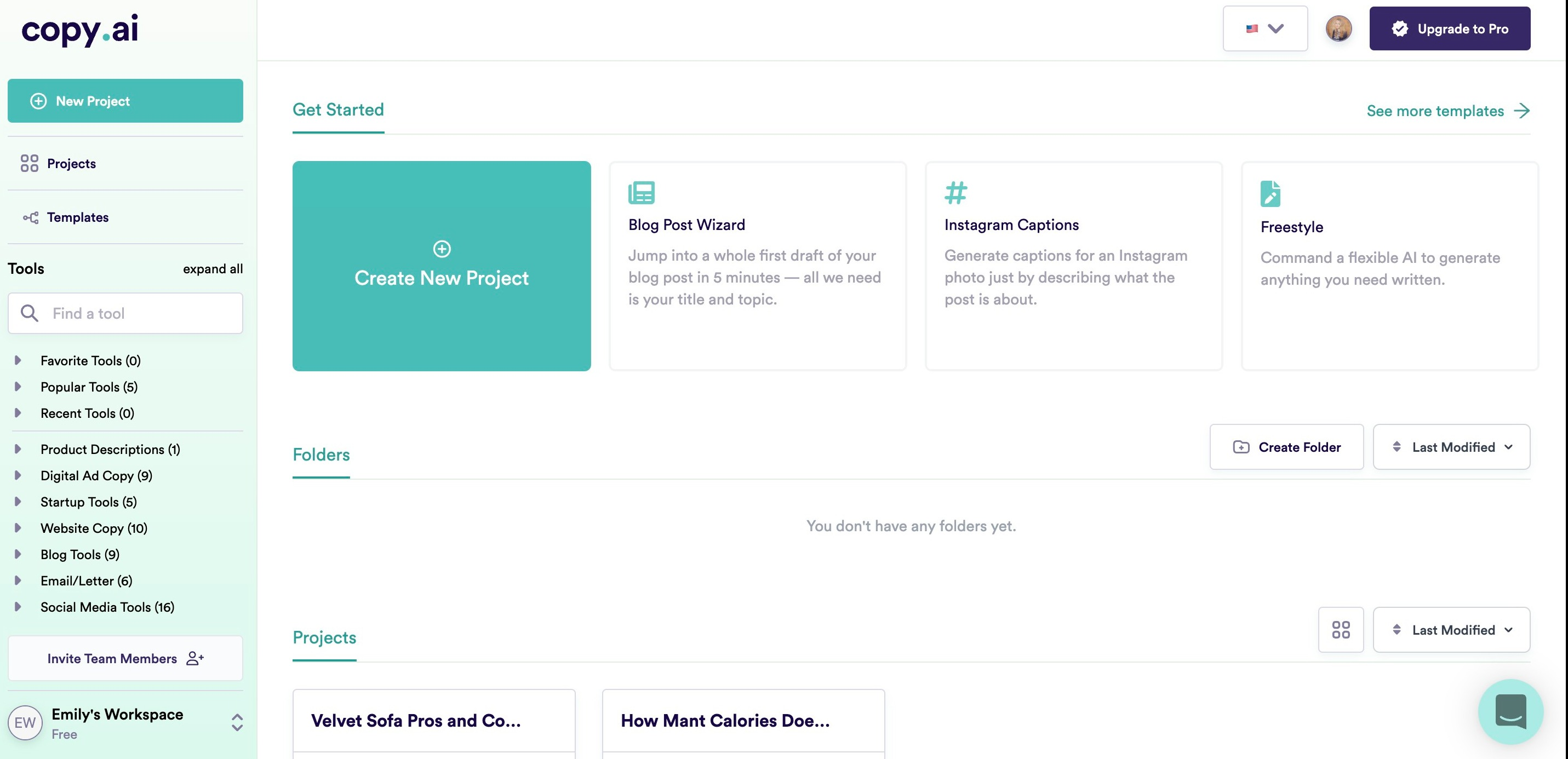 Jasper AI vs Copy AI - Copy AI's user dashboard layout.