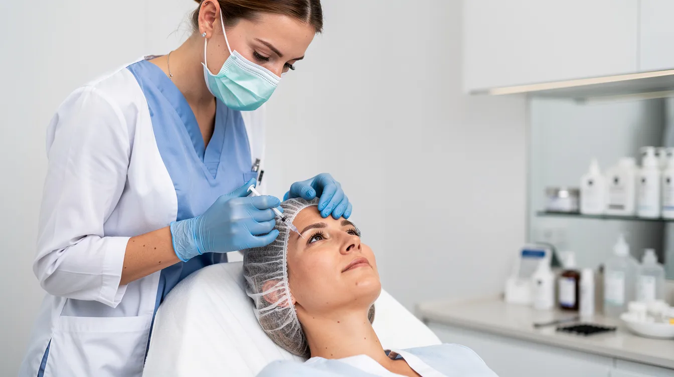 Un profesional de la salud está realizando un procedimiento estético facial en un paciente en una clínica moderna, enfocándose en el tratamiento de las bolsas y ojeras debajo de los ojos. La intervención busca mejorar la apariencia del rostro, abordando problemas como la retención de líquidos y la flacidez en la piel.