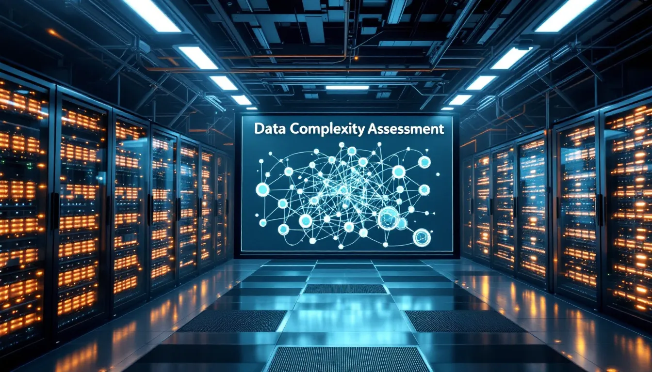 The image depicts a diverse group of business users engaged in a discussion about assessing data complexity, focusing on concepts like data federation and data virtualization. They are exploring how to integrate multiple data sources and improve data management for better business intelligence, while emphasizing the importance of a unified view of data from disparate systems.