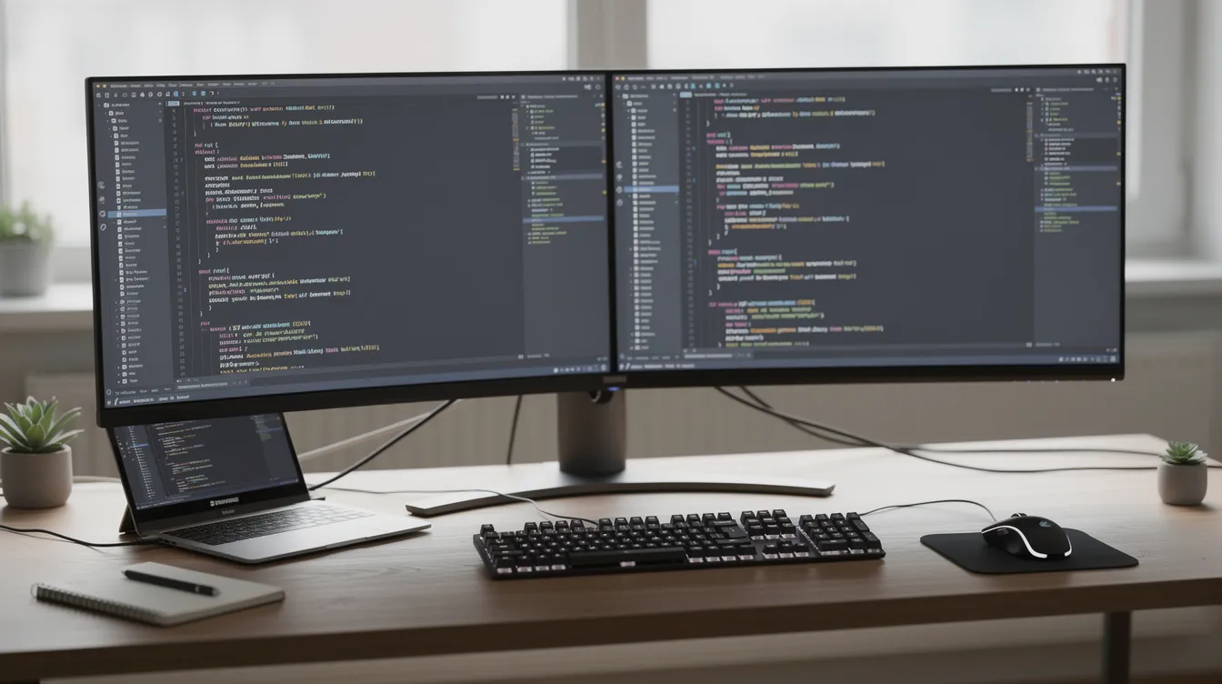 A developer workspace with code on two monitors
