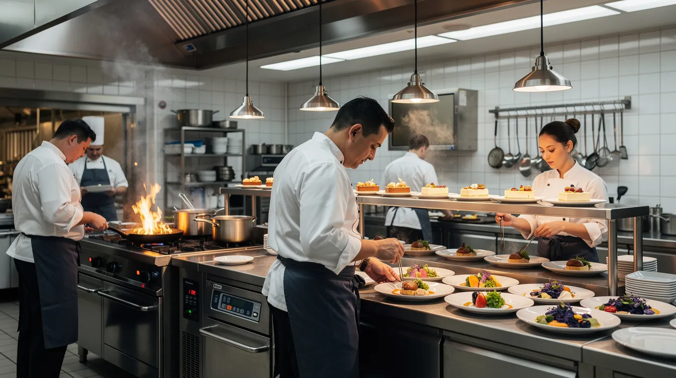6a653715 fc17 49ec 9c0d 558c128f31d8 The image depicts a bustling modern hotel restaurant kitchen where chefs are actively preparing meals during service, showcasing the day-to-day operations of the hospitality industry. The scene emphasizes efficient management and effective cash management as the chefs work with raw materials and inventory to meet customer demand.
