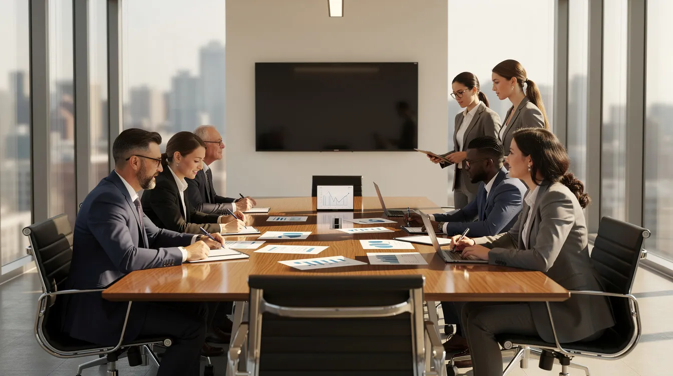 The image depicts a corporate meeting room where several business professionals are engaged in a discussion, surrounded by documents on a large table. This setting highlights the collaborative environment often necessary for planning 中小企業貸款 and discussing various financing options.