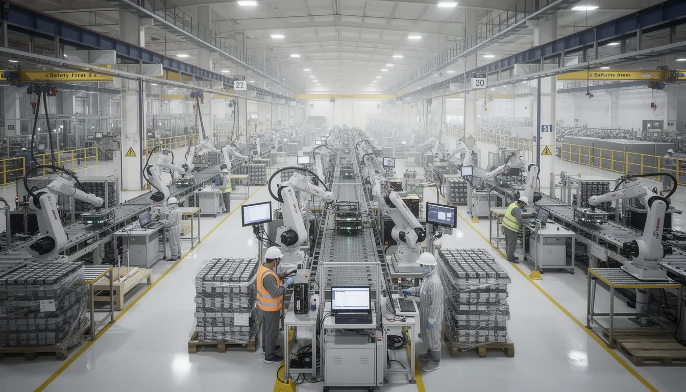 The image depicts a bustling interior of a gigafactory dedicated to the production of lithium-ion batteries, showcasing various equipment and systems involved in the manufacturing process. Notable features include a solvent recovery system designed for the efficient purification and recovery of organic solvents, essential for minimizing environmental impact and operating costs in the production of batteries for electric vehicles.