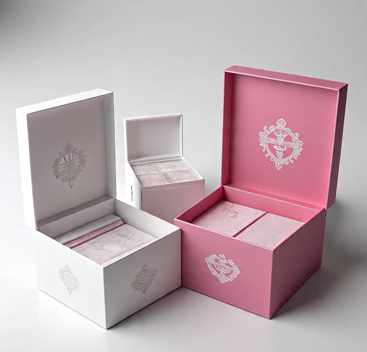 An image of pink and white packaging boxes standing open on a table. Each packaging box has an elegant printed design and neatly packed items inside.