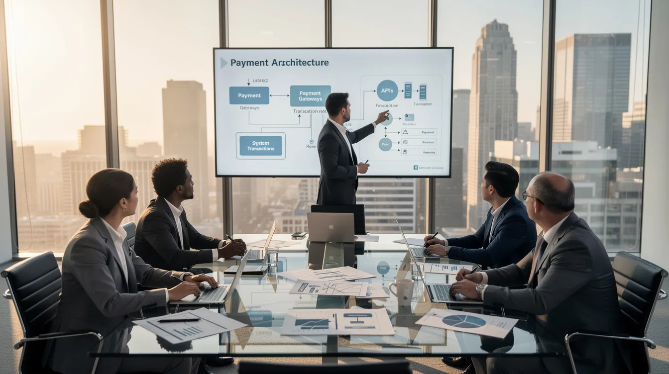 A group of professionals is engaged in a discussion about payment product architecture around a conference table, focusing on regulatory compliance and the evolving fintech industry. Their conversation likely involves topics such as payment processing, financial transactions, and the implications of the Equal Credit Opportunity Act on emerging financial technologies.