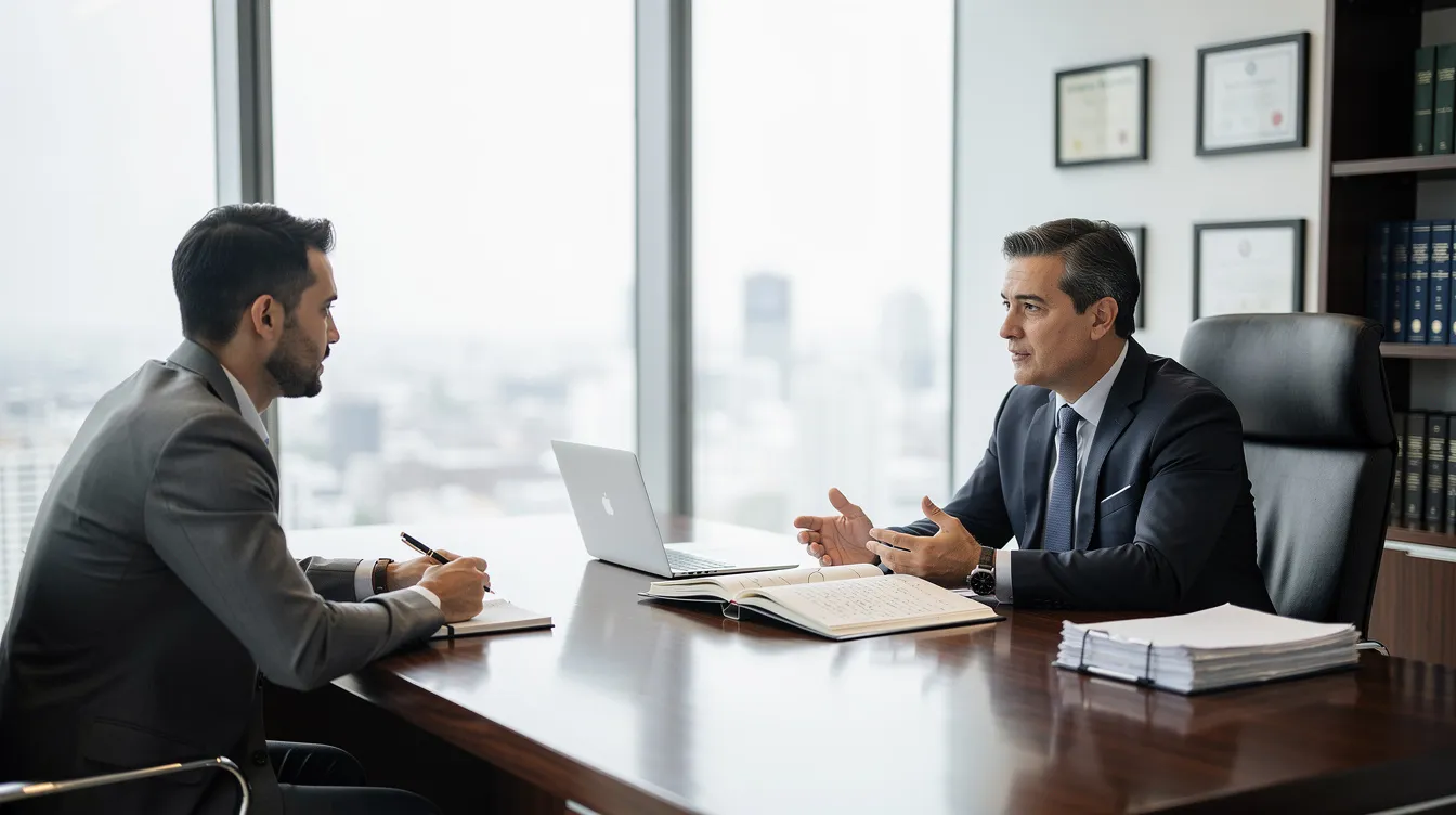 The image depicts a professional legal consultation in a modern office, where an experienced rideshare accident lawyer discusses insurance coverage options with a client, focusing on rideshare accident claims and the legal responsibilities of rideshare companies. The setting features a sleek desk, legal documents, and a cityscape visible through large windows, emphasizing a professional atmosphere.