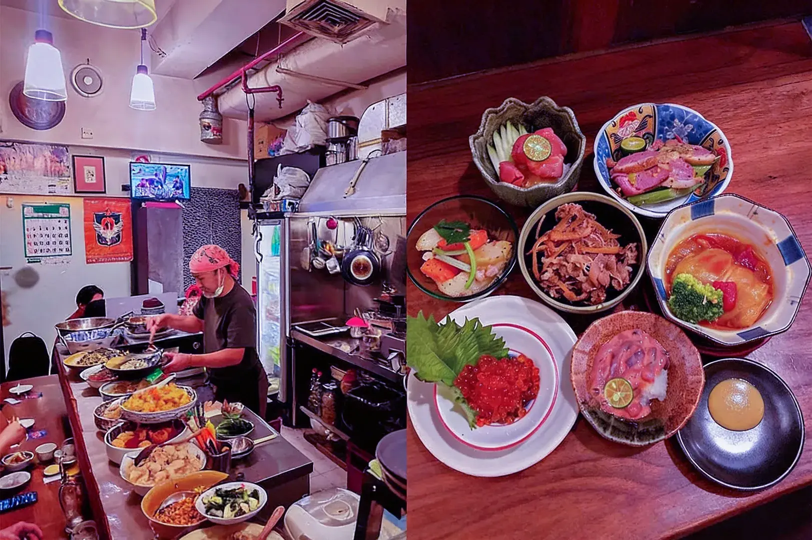 A cozy Japanese restaurant kitchen with a chef preparing colorful dishes, complemented by an array of vibrant, artfully presented small plates.