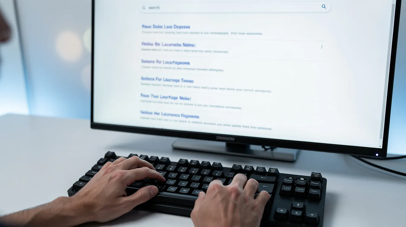 An image shows hands actively typing on a keyboard, while a bright monitor displays a Google search results page filled with relevant keywords and suggestions. The scene captures the essence of keyword research, emphasizing the importance of local SEO and exploring various search engine strategies.