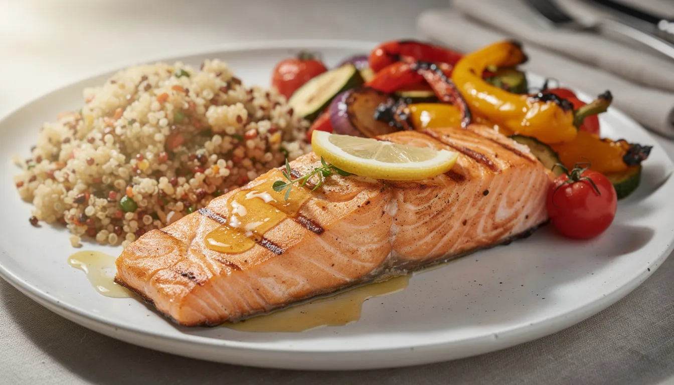 A grilled salmon fillet is beautifully presented on a plate alongside a serving of quinoa and an assortment of colorful roasted vegetables, showcasing a meal rich in healthy fats and nutrients that supports a weight loss journey through healthy eating habits. This dish exemplifies a balanced diet plan that can help you lose body fat while enjoying delicious, wholesome foods.