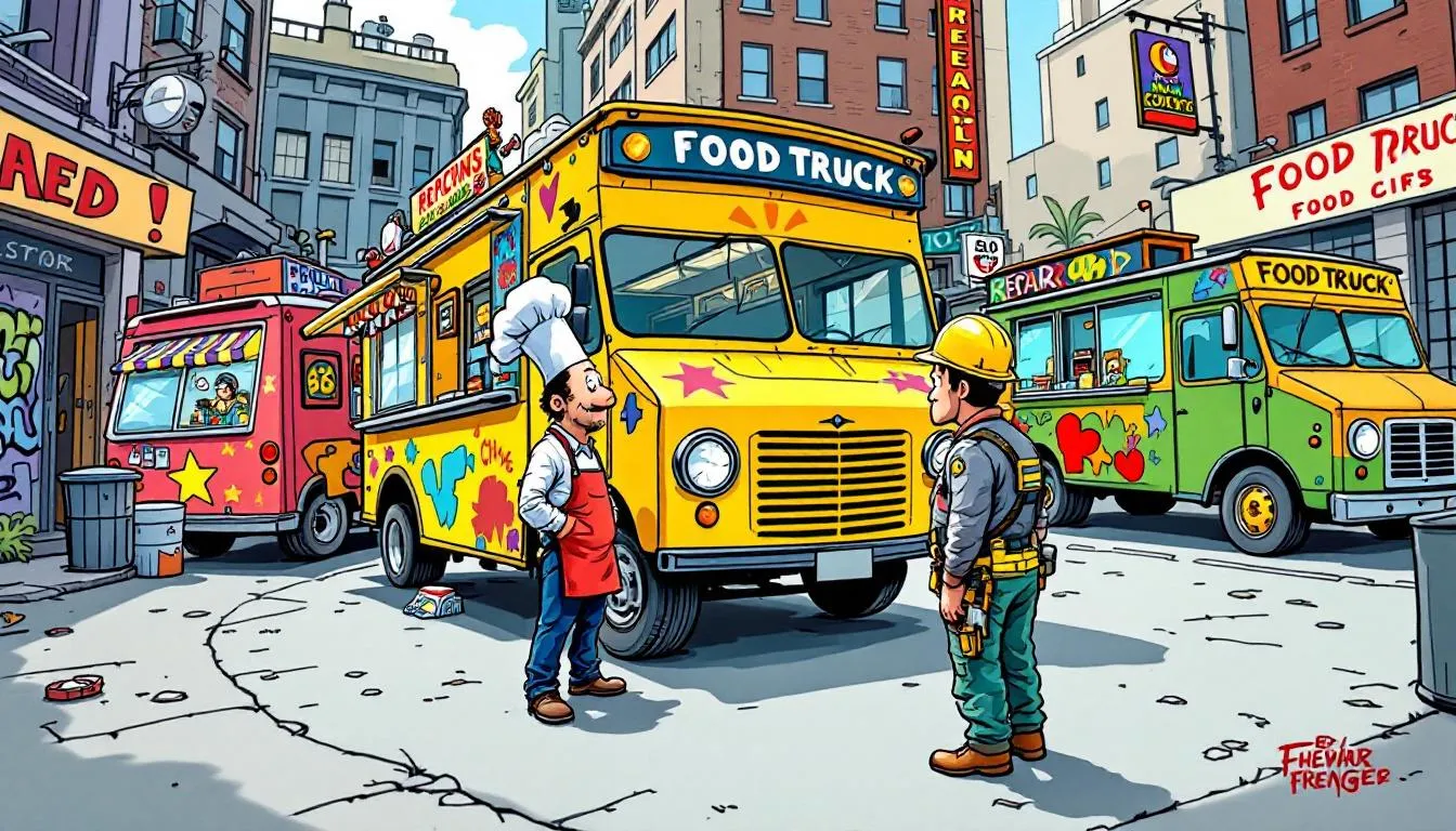 A food truck owner consulting with a repair service technician.