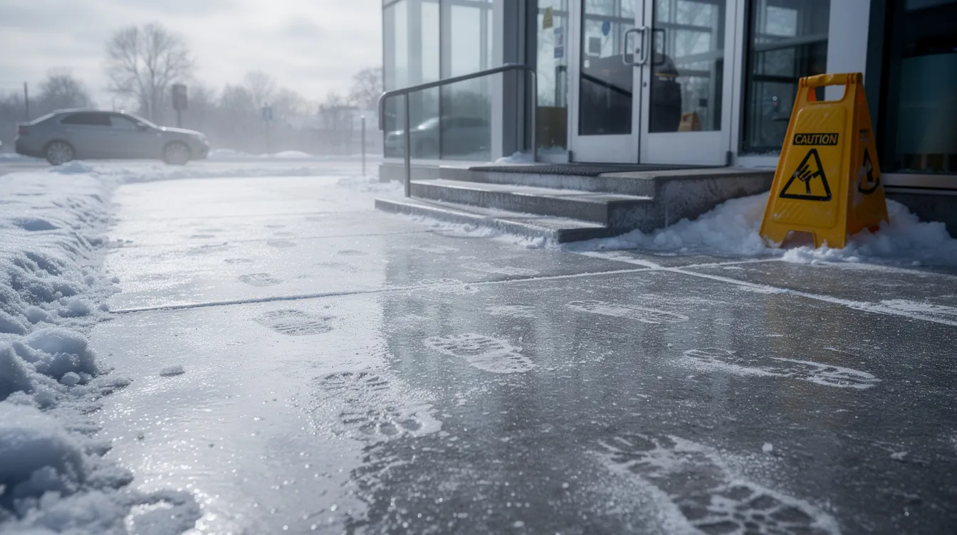 The image shows an icy sidewalk beside a building entrance, highlighting the potential danger of slip and fall accidents during winter in Colorado Springs. This scene serves as a reminder of the importance of seeking legal assistance from an experienced personal injury attorney if injuries occur due to someone else's negligence.