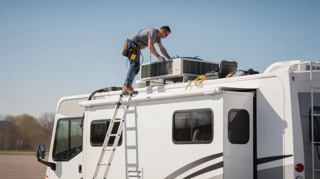 An experienced technician is working on top of an RV, replacing a rooftop air conditioning unit on a clear day, ensuring that RV owners can enjoy cool air during their travels. The technician is focused on the installation process, which is crucial for maintaining the RV's cooling system and preventing issues like warm air blowing from the AC unit.
