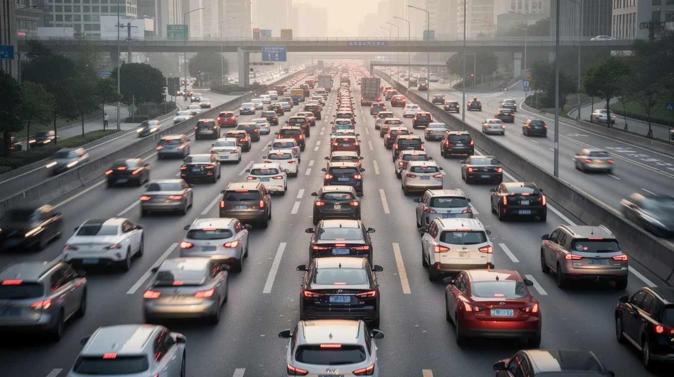 Imagen de varios autos detenidos en una carretera urbana con tráfico denso, donde se pueden observar diferentes vehículos esperando en un semáforo, reflejando la congestión habitual de las ciudades. Esta situación puede aumentar el riesgo de accidentes y resaltar la importancia de contar con un seguro de auto adecuado y conocer los límites de cobertura.