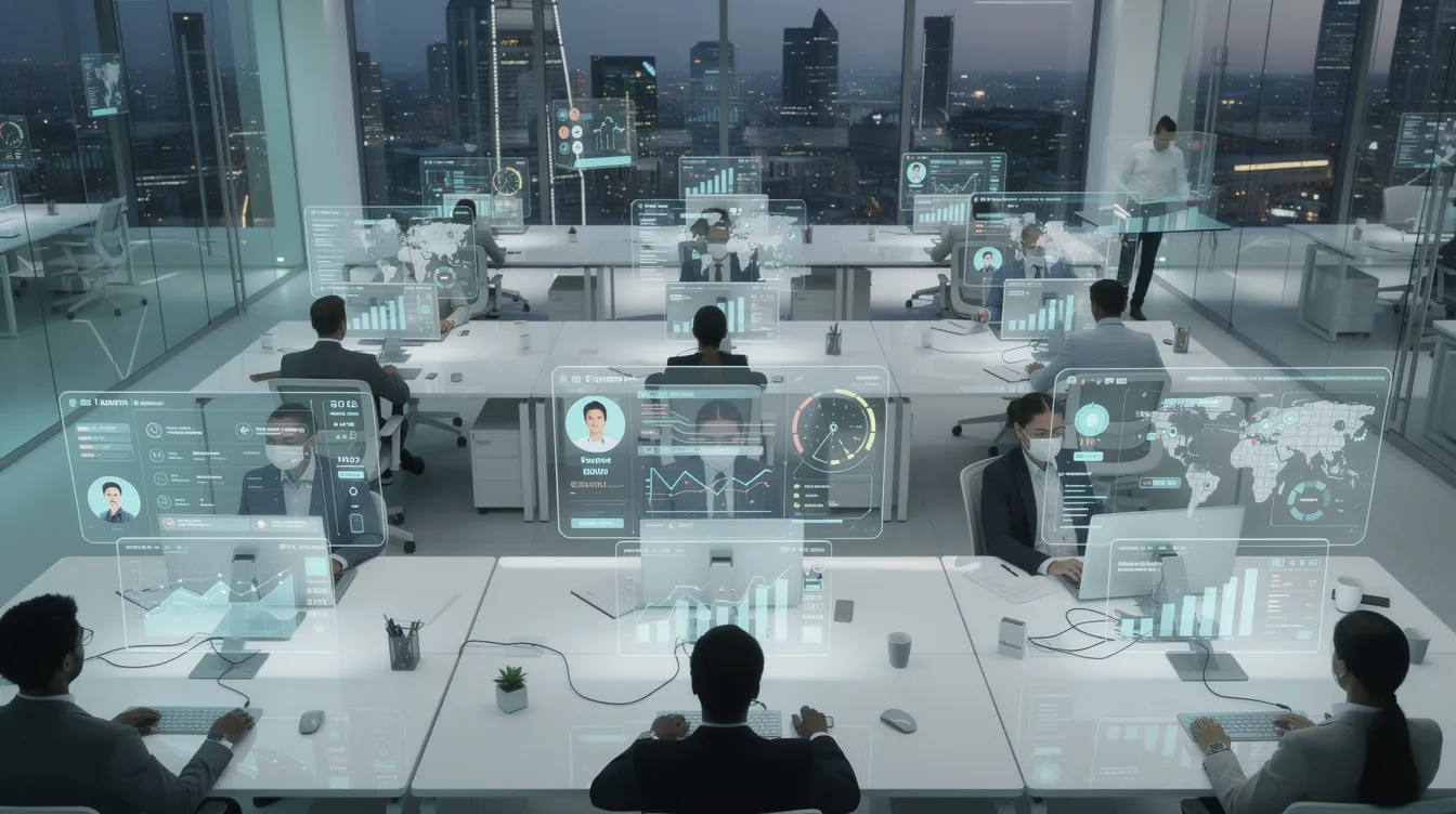 The image depicts a futuristic office environment featuring holographic displays that showcase customer data and support analytics. This high-tech setup enhances customer service operations by allowing support agents to monitor customer satisfaction and analyze customer sentiment effectively.
