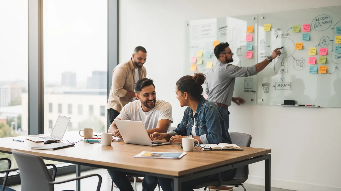 A small team collaborates in a bright modern office, surrounded by whiteboards and laptops, embodying the spirit of innovation and problem-solving typical of successful startups and technology companies. This dynamic environment promotes collaboration and creativity, essential for driving growth and developing effective strategies in both new ventures and established enterprises.