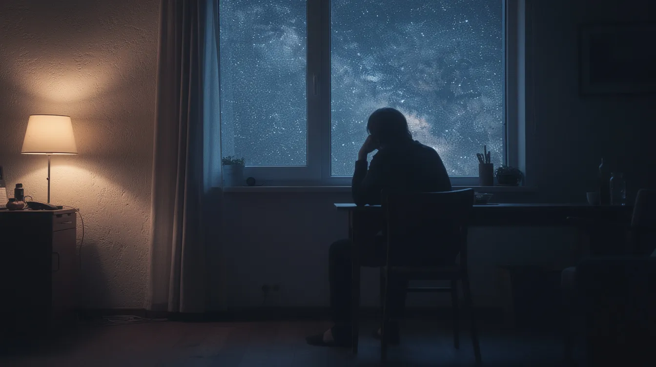 A person sits alone in a dimly lit room, gazing out a window at a starry night sky, lost in thought as if contemplating the existence of heaven and hell. This moment evokes a sense of solitude and reflection, perhaps pondering what one could ask God if given the chance, amidst the vastness of the universe.