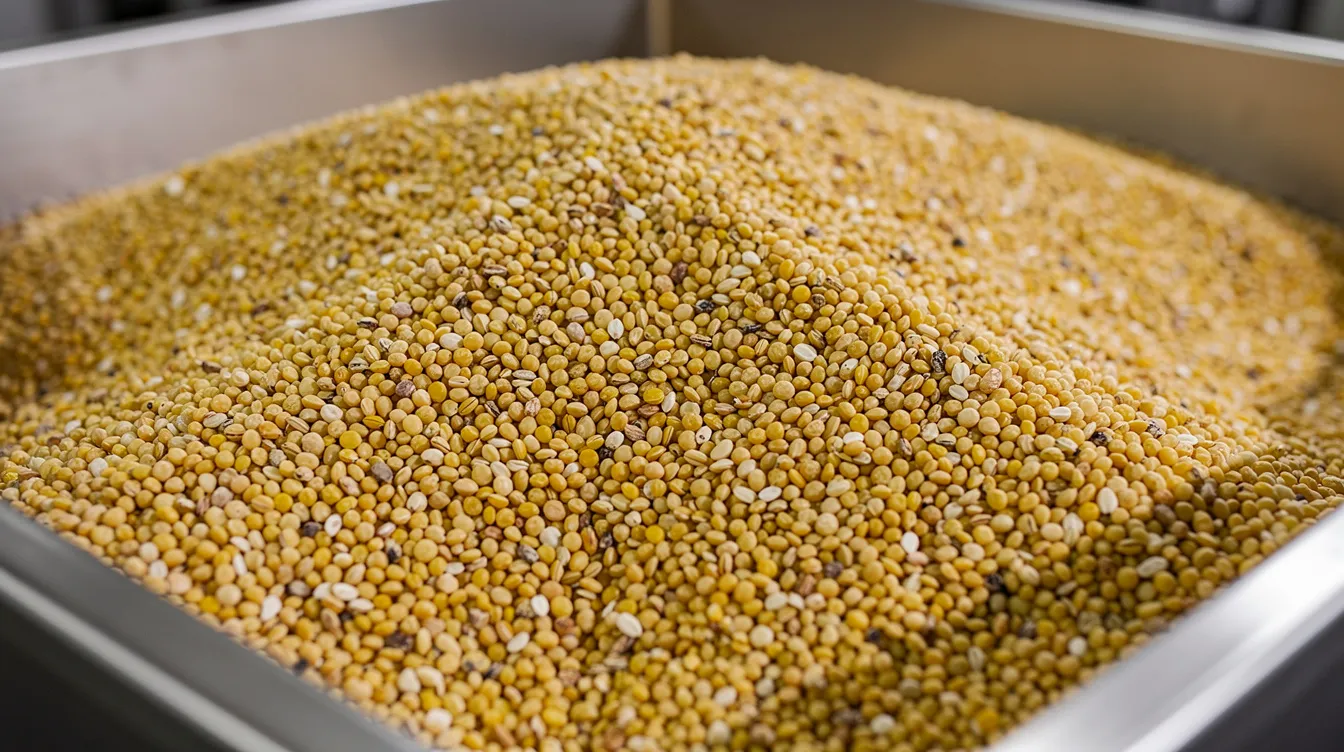 A close-up view of dried yellow peas is displayed in a large industrial storage bin at a food processing facility, highlighting the raw material used in the manufacturing process of pea protein products. These yellow peas serve as a vital source of plant-based proteins, essential amino acids, and are integral to the growing demand for sustainable protein options in the food industry.