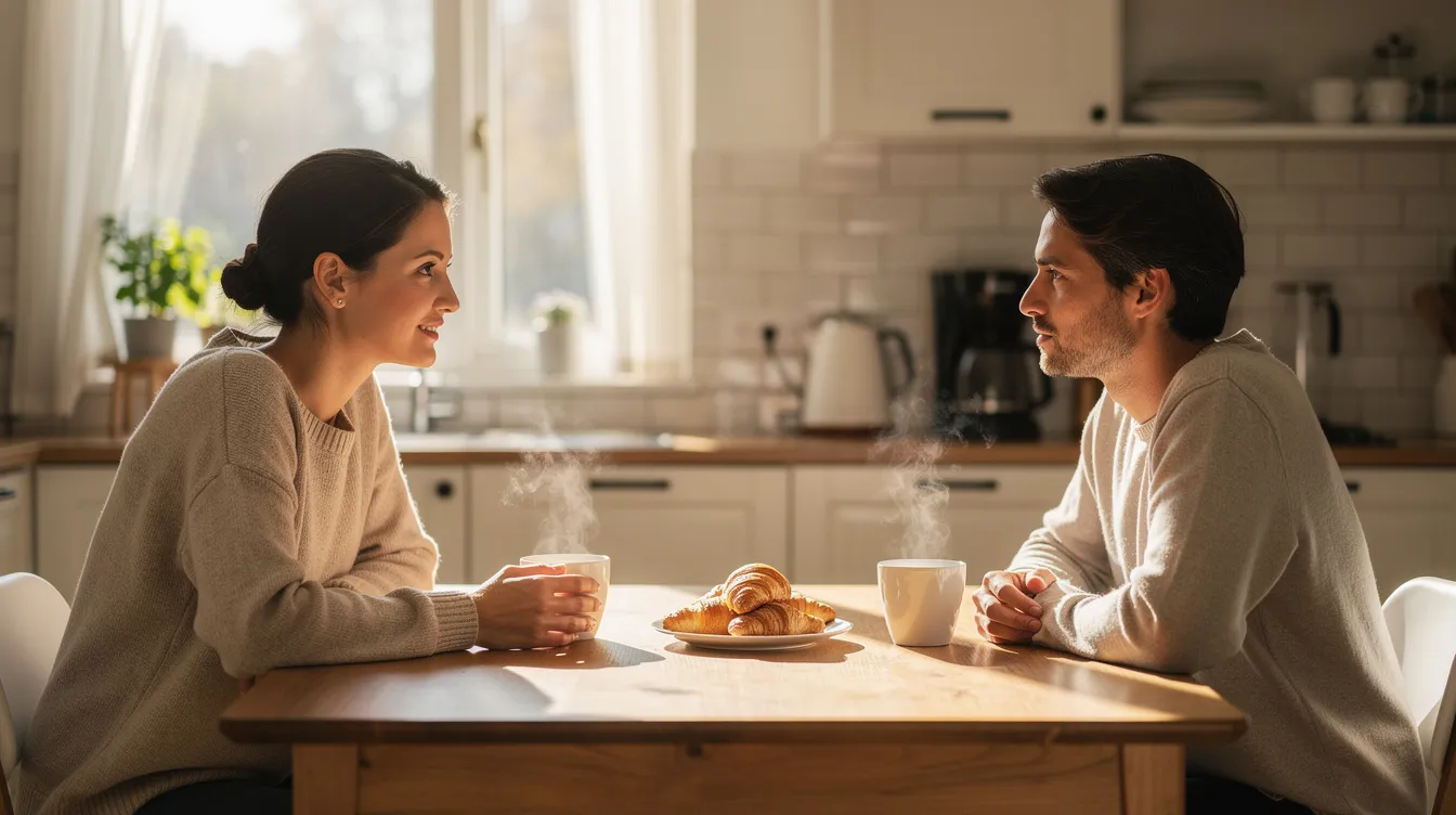 Two people are sitting at a kitchen table engaged in a calm discussion, each holding a coffee cup, reflecting a healthy relationship built on communication and connection. This moment highlights the importance of emotional support and understanding in their lives, contributing to their mental and physical health.