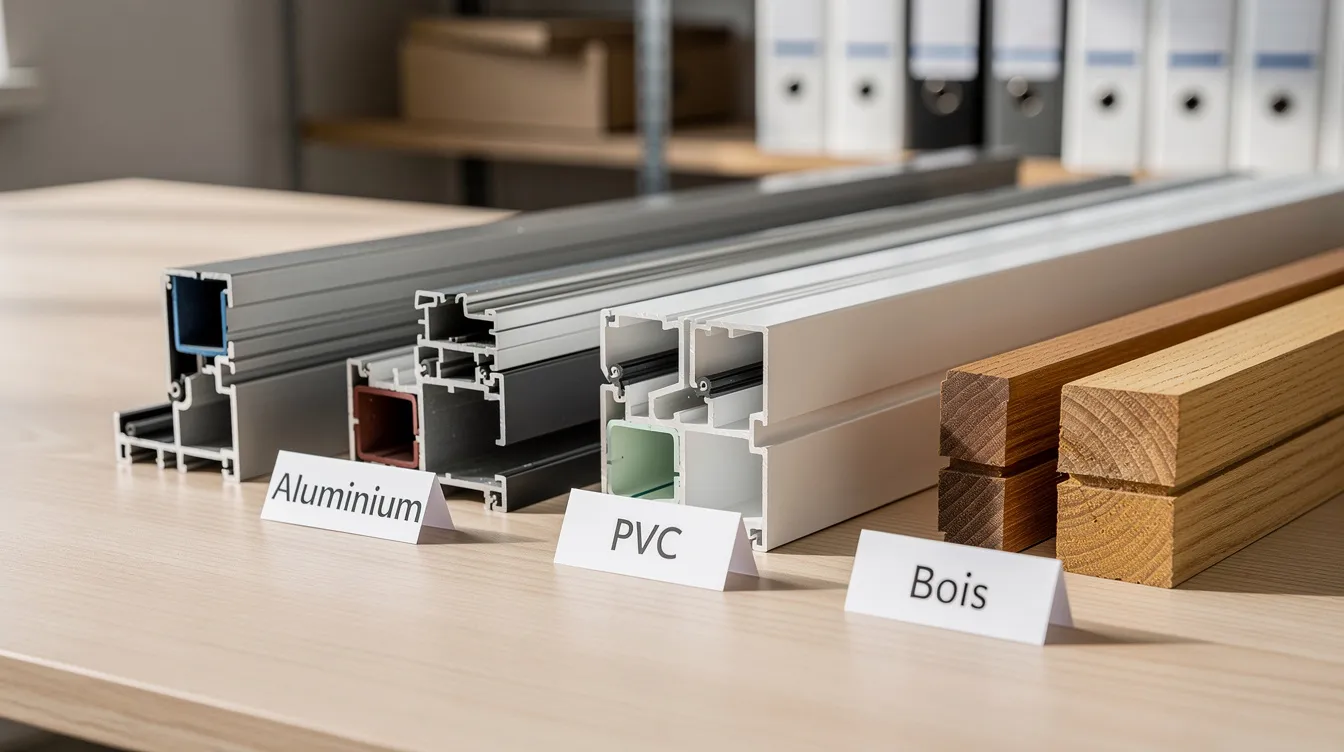 Des échantillons de profils de menuiseries en aluminium, PVC et bois sont disposés sur une table, illustrant la diversité des matériaux utilisés par un menuisier à Rezé. Ces matériaux sont présentés dans un atelier, mettant en avant le savoir-faire et les options disponibles pour des projets de rénovation ou de construction.