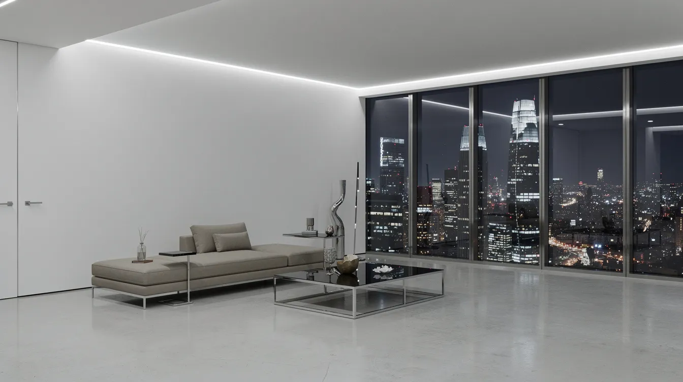 Das Bild zeigt ein minimalistisches Luxus-Apartment mit weißen Wänden und glänzenden Chromoberflächen. Durch die bodentiefen Fenster hat man einen atemberaubenden Blick auf die nächtliche Skyline von New York City, die an die Atmosphäre von Bret Easton Ellis' Roman "American Psycho" erinnert.