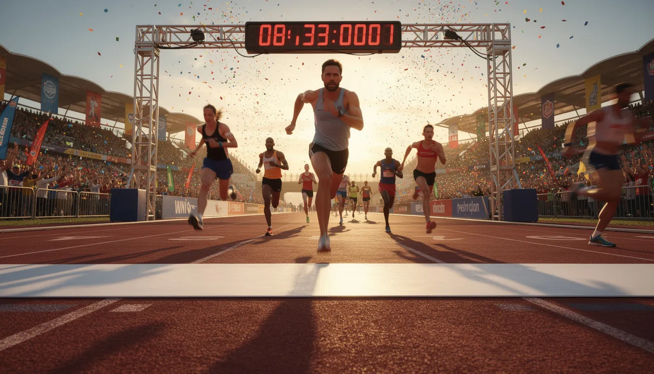 Das Bild zeigt eine Ziellinie, die mit einem bunten Banner gekennzeichnet ist, während Menschen jubelnd und motiviert auf die Ziellinie zulaufen. Diese Szene symbolisiert den Abschluss einer Herausforderung und den Fortschritt im Lernprozess, wie beim Deutsch lernen, wo das Erreichen von Zielen und das Überwinden von Ängsten vor Fehlern entscheidend sind.