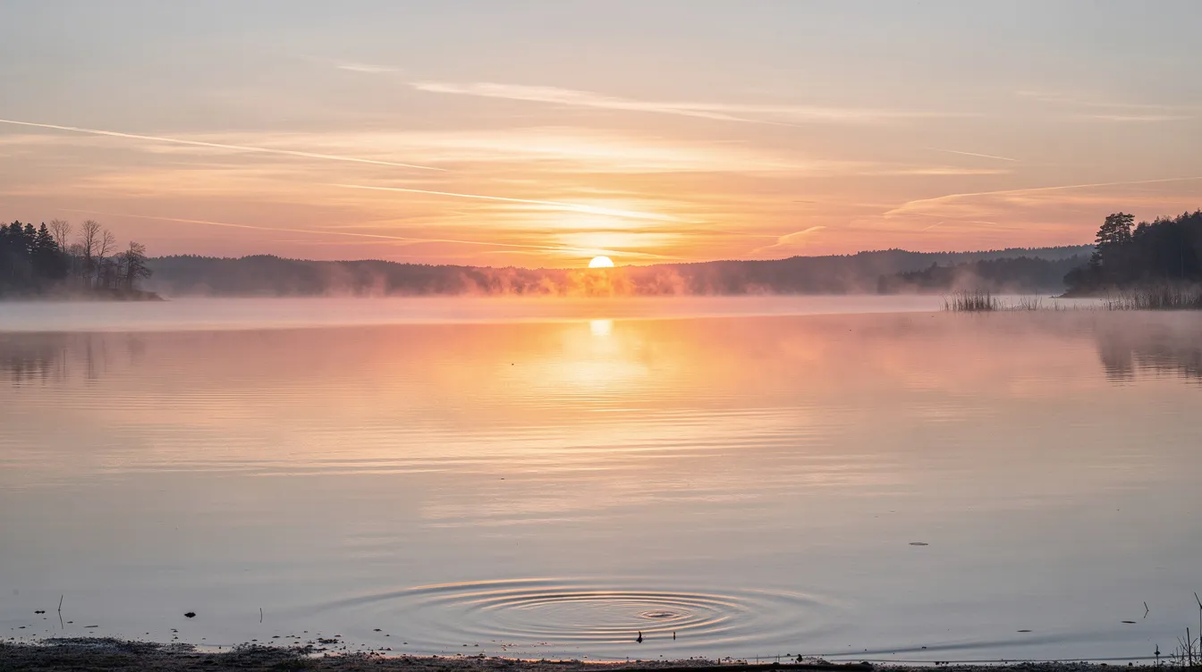The image depicts a serene sunrise over a calm lake, with gentle mist rising from the water's surface, symbolizing the beauty of God's creation and the new life found in Christ. This tranquil scene reflects the marvelous light of the Lord Jesus, inviting contemplation of our identity as children of God.