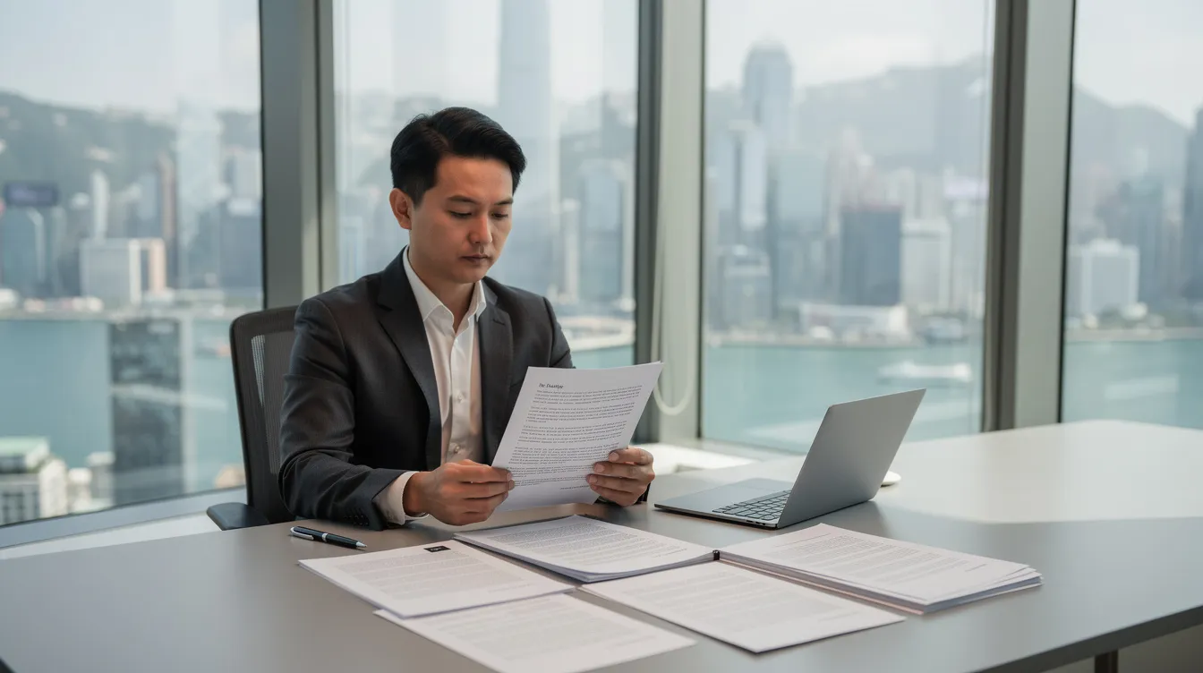 A Hong Kong business professional is seated at an office desk, intently reviewing legal documents, with a stunning city skyline visible through the large window behind them. The scene reflects the bustling environment of a financial hub, emphasizing the importance of business financing and loan applications for small and medium enterprises.
