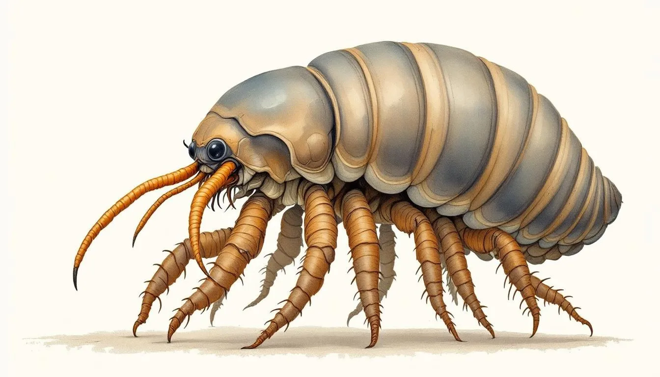 Close-up of the physical characteristics of a giant isopod.