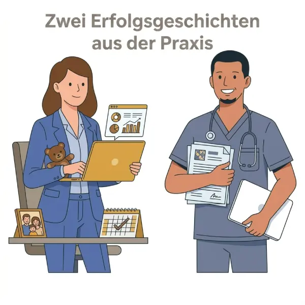 Illustration zu zwei Erfolgsgeschichten aus der Praxis mit einer berufstätigen Frau am Laptop und einem Mann im medizinischen Beruf mit Unterlagen