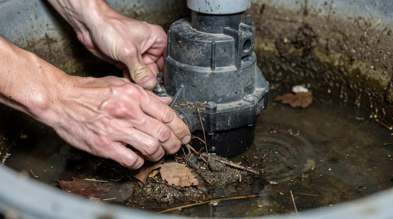 A close-up view of hands carefully removing leaves and sediment from a sump pump pit, highlighting the importance of sump pump maintenance to prevent flooding and ensure the system runs smoothly. The image emphasizes the routine inspection necessary to avoid common sump pump problems and potential water damage.