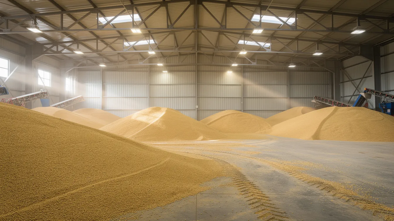 The image depicts a large agricultural warehouse filled with bulk soybean grain stored in open areas under overhead lighting, showcasing the scale of operations typical in a soybean oil processing plant. This setting highlights the raw materials essential for the soybean oil industry, emphasizing the importance of efficient storage and handling in the manufacturing process.