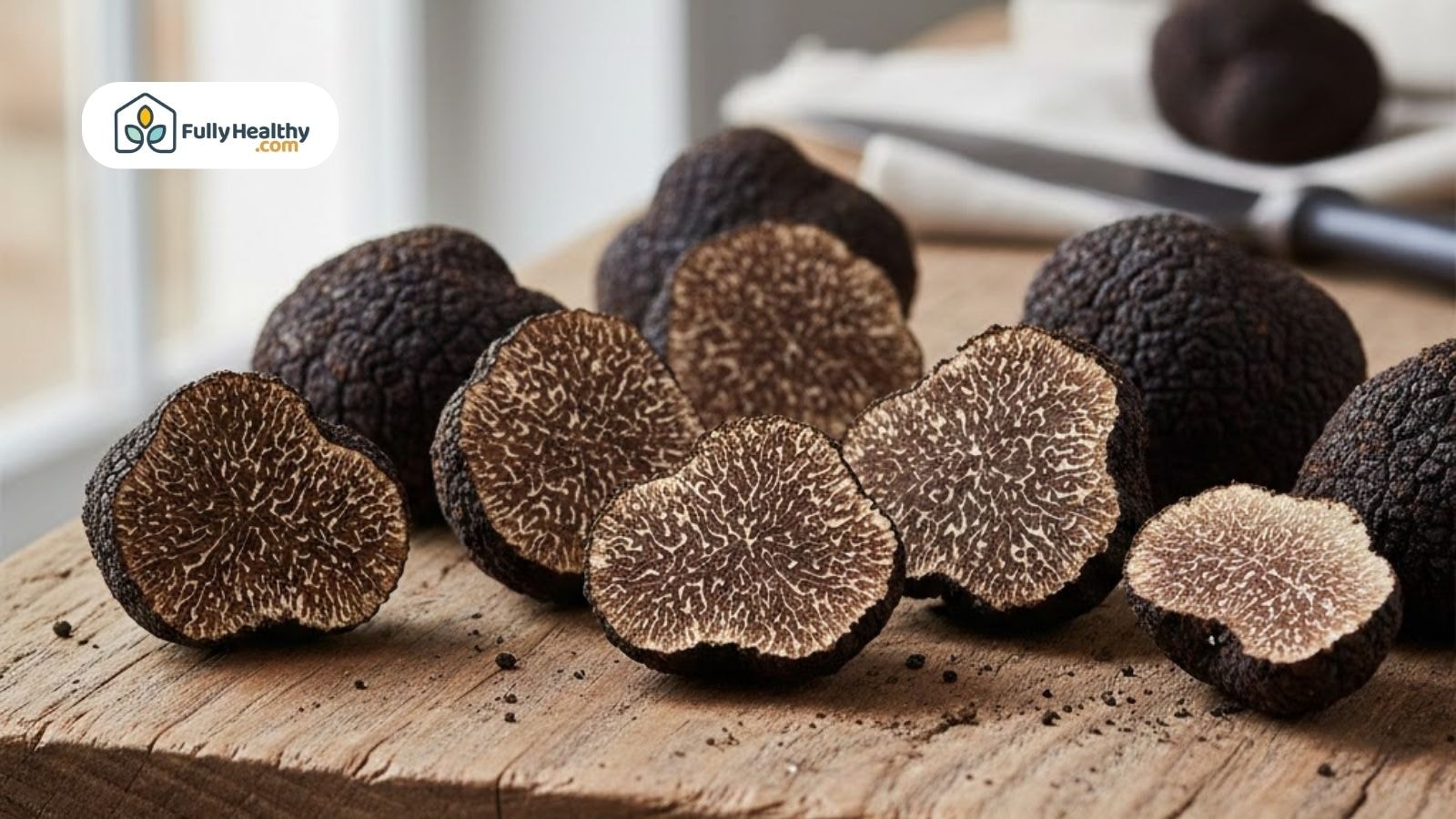 Fresh black truffles sliced open on a wooden cutting board in a kitchen.