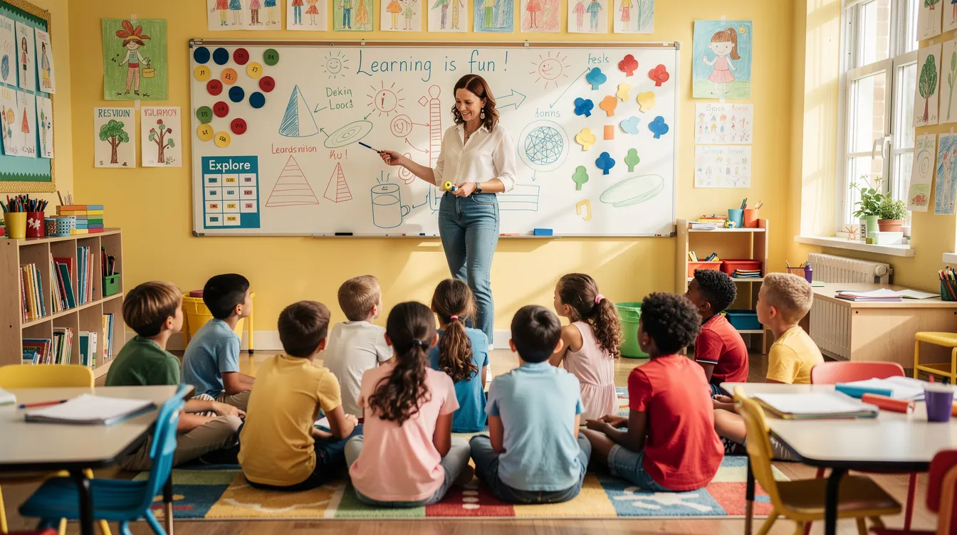 A teacher stands at a whiteboard, using colorful visual aids to engage a diverse group of children who are watching attentively. This scene highlights effective teaching strategies that support children's learning processes, including those with learning disabilities and academic challenges.