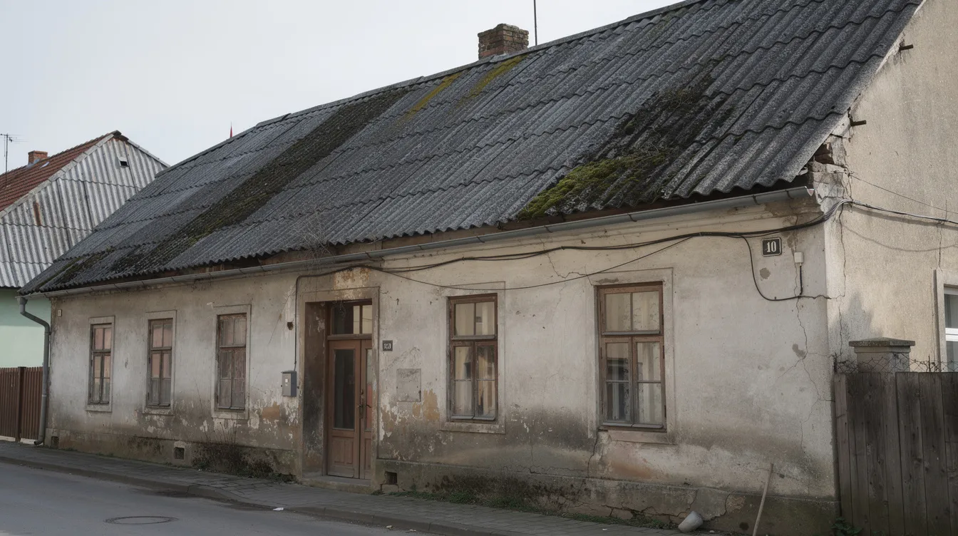 L'image montre un bâtiment ancien avec une toiture en fibrociment, typique des constructions d'avant 1997, où la présence potentielle d'amiante pourrait nécessiter un diagnostic amiante avant la vente ou des travaux de rénovation. Ce type de toiture soulève des questions sur l'état de conservation et les risques pour la santé liés aux matériaux contenant de l'amiante.