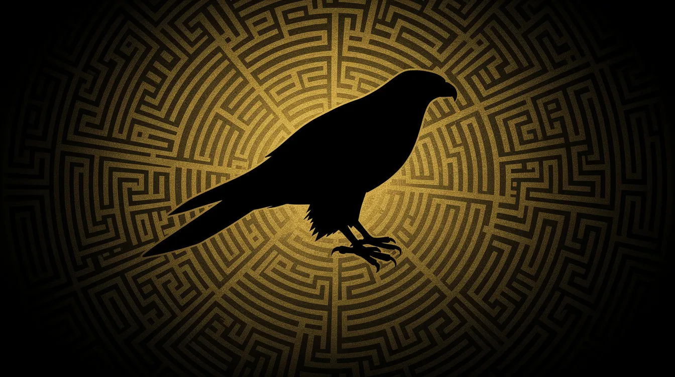 Die abstrakte Silhouette eines Falken schwebt majestätisch vor einem labyrinthartigen Hintergrund in Schwarz und Gold, der mit geometrischen Mustern verziert ist und eine mysteriöse Atmosphäre schafft. Dieses Bild erinnert an den "Malteser Falken" und seine filmischen Wurzeln im Genre des Film Noir.