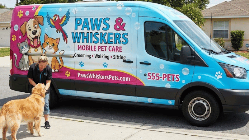 vans with pet services advertising wrap