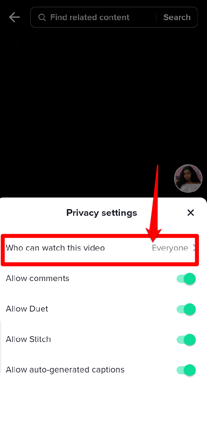 Screenshot showing the who can watch this video option on TikTok