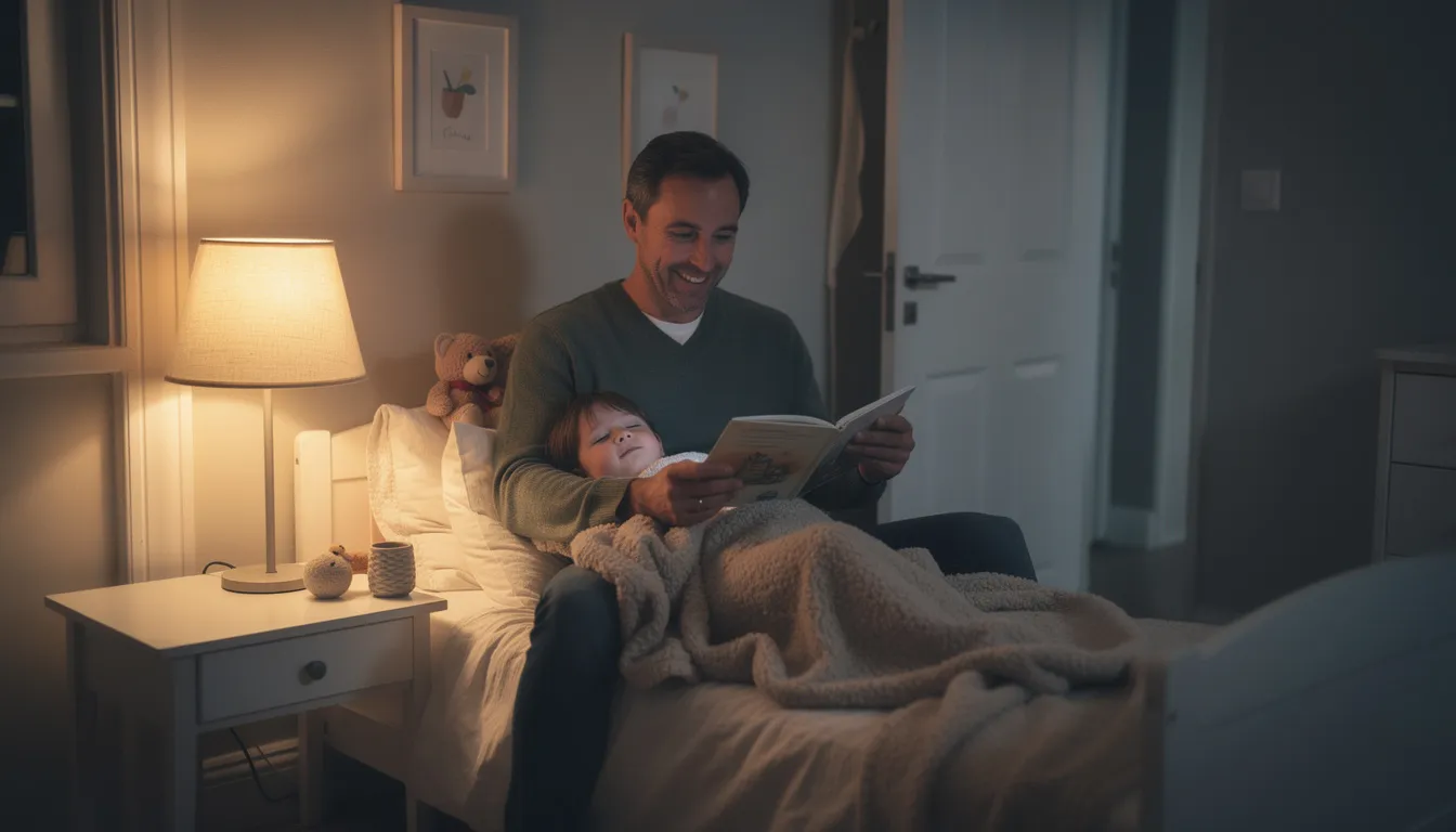 A father is reading a bedtime story to his young child in a peaceful bedroom illuminated by warm lamplight, embodying the comforting presence of an earthly father. This tender moment reflects the joy and wisdom shared in fatherhood, reminding us of the importance of nurturing relationships in one's youth.