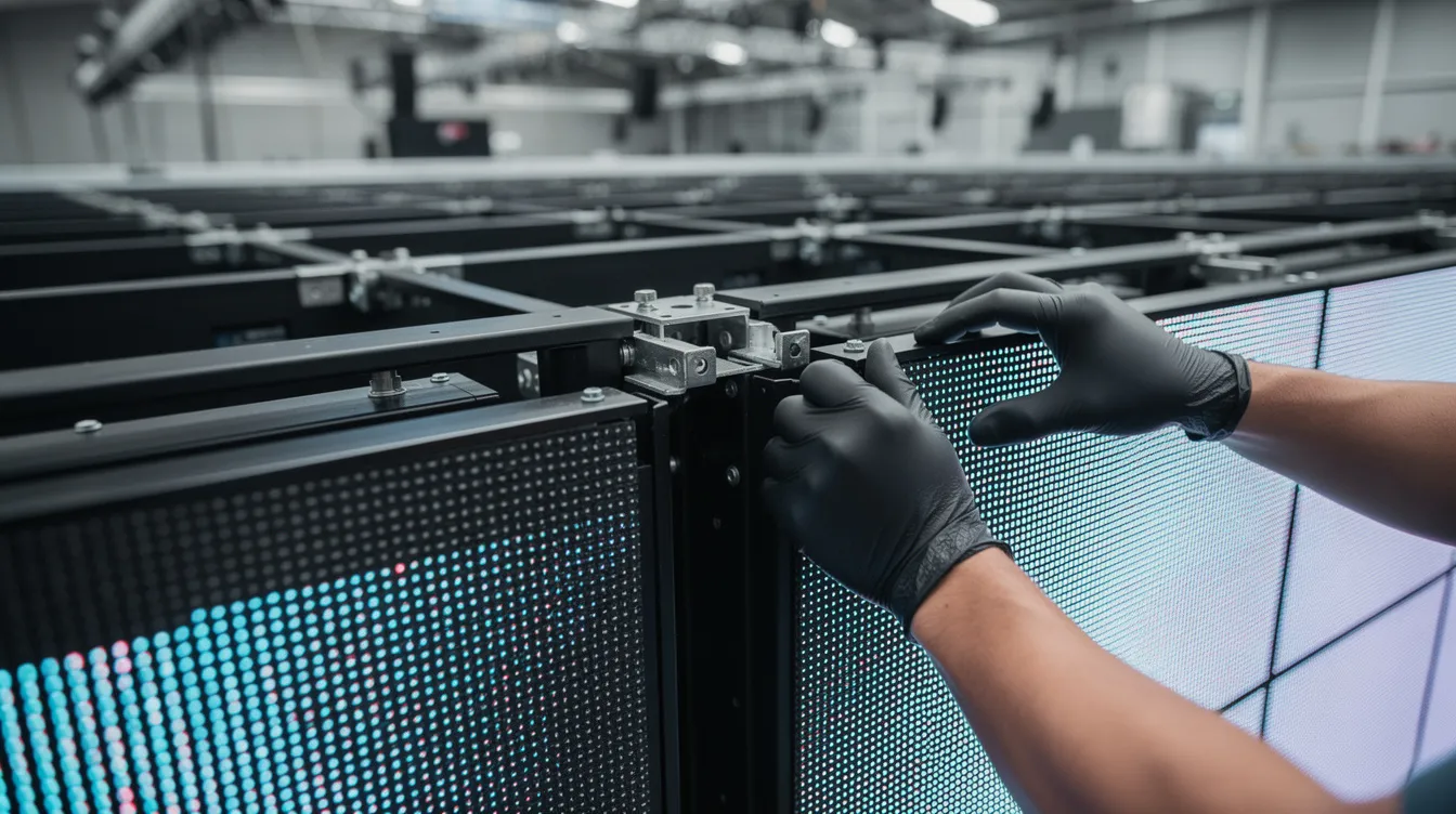 A close-up view of LED video wall panels being meticulously assembled and aligned inside a spacious convention center, highlighting the intricate details of the high-resolution LED tiles. This setup is essential for corporate events and trade shows, ensuring a vibrant and engaging display for visitors.